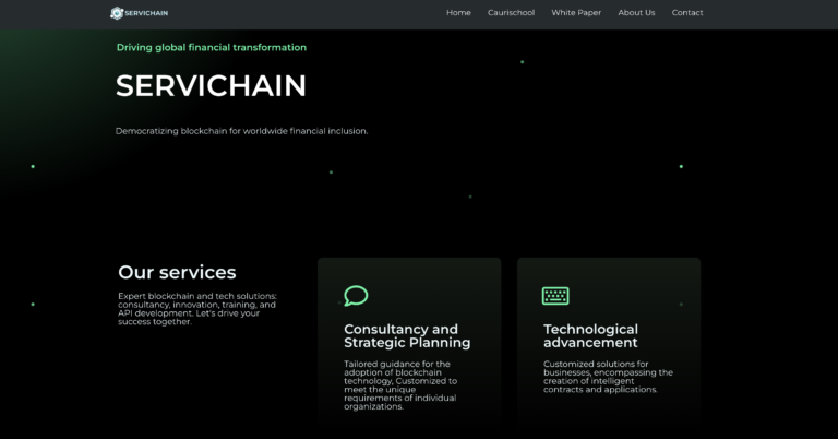 Page d'accueil Servichain - Solutions blockchain pour la transformation financière mondiale