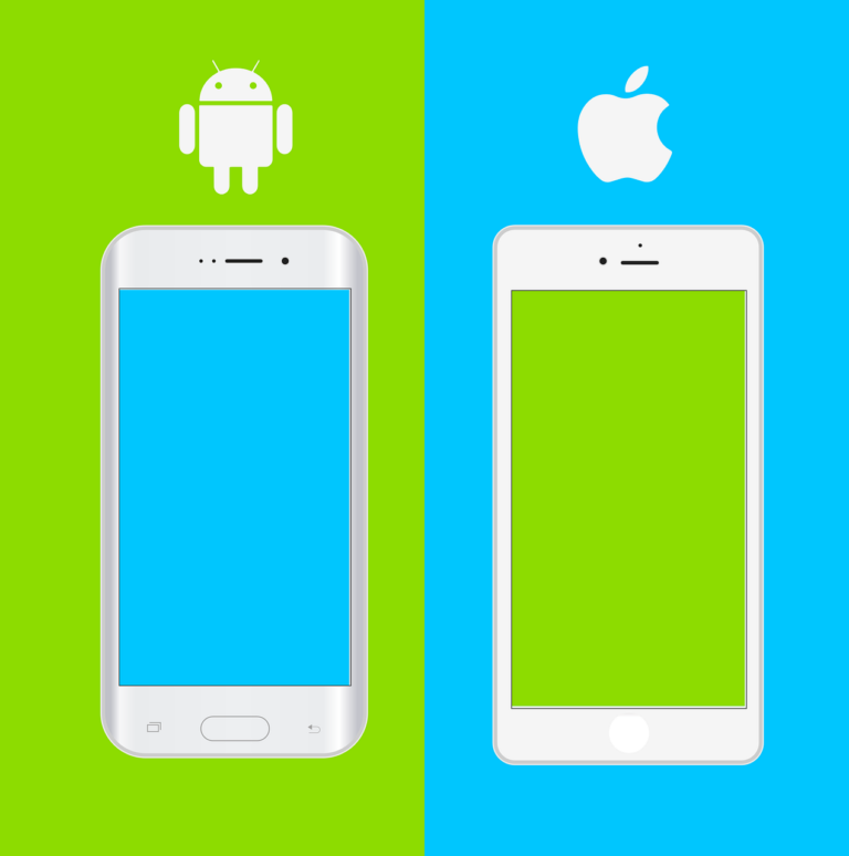 Illustration représentant les plateformes Android et iOS avec deux smartphones sur fond vert et bleu, symbolisant le développement d'applications hybrides cross-platform