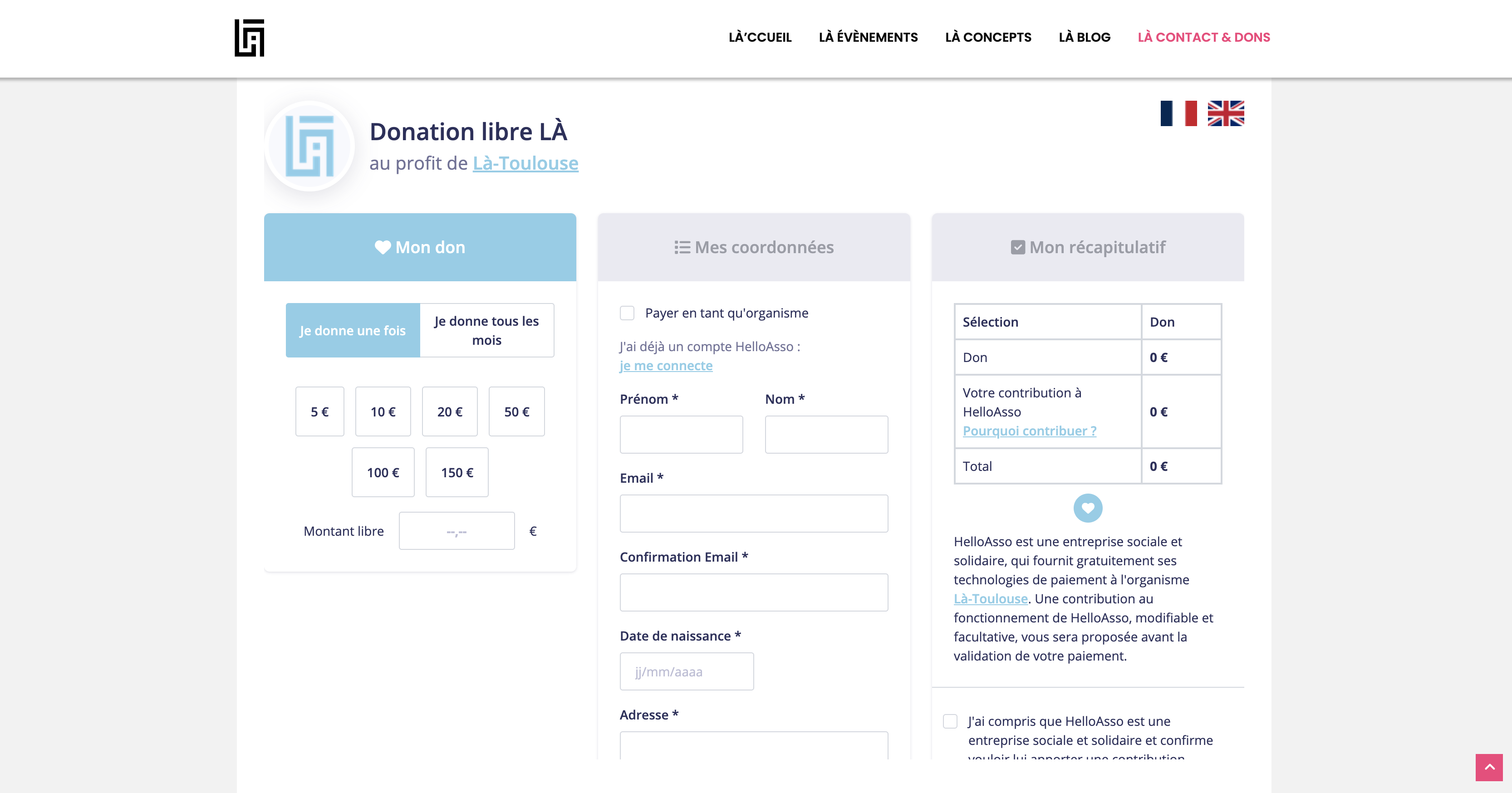 Page de donation en ligne pour l'association LÀ à Toulouse - Interface de paiement HelloAsso
