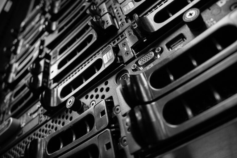 Gros plan en noir et blanc sur des baies de serveurs professionnelles, montrant des disques durs en rack dans un centre de données moderne Title :