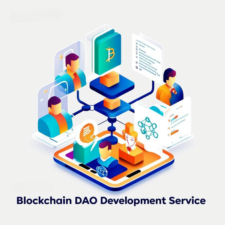 Illustration isométrique représentant une organisation autonome décentralisée (DAO) avec des membres interconnectés et des systèmes de gouvernance blockchain