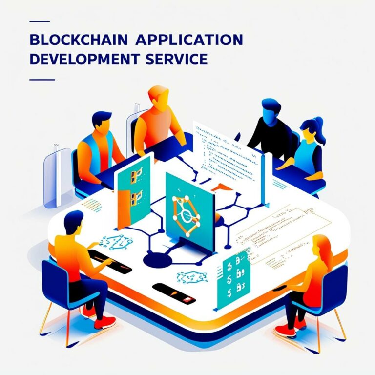 Illustration isométrique représentant une équipe de développement travaillant sur une application blockchain décentralisée avec des interfaces interactives