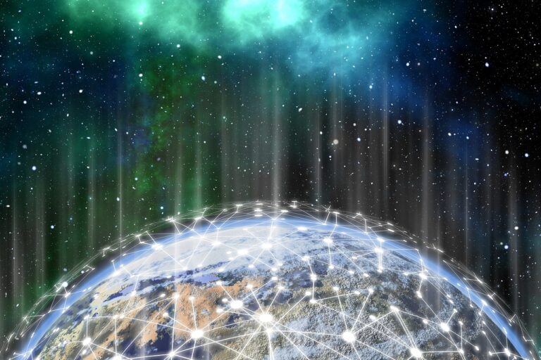 Réseau mondial blockchain illustré par un globe terrestre connecté avec des nœuds lumineux interconnectés sur fond d'aurore boréale et d'étoiles