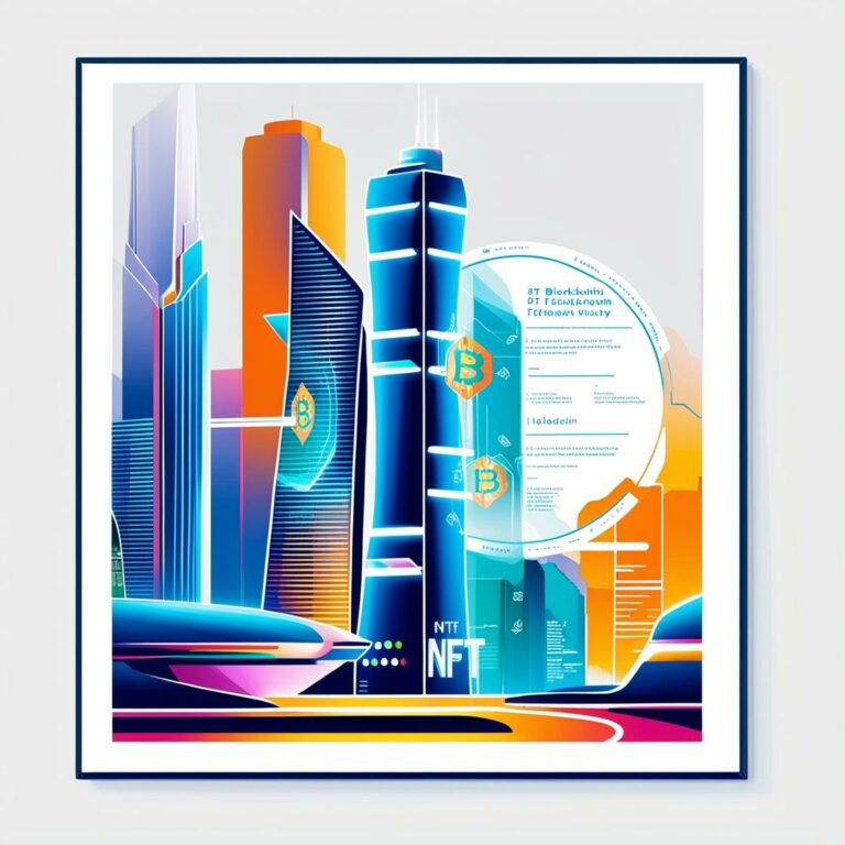 Illustration futuriste de gratte-ciels avec des symboles NFT et blockchain intégrés, représentant l'innovation des tokens non fongibles dans un environnement urbain moderne