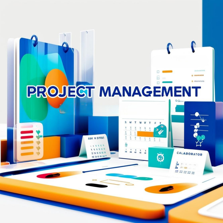 Illustration colorée représentant des outils de gestion de projet avec calendrier, tableaux de bord et éléments de planification dans des tons bleus et orange