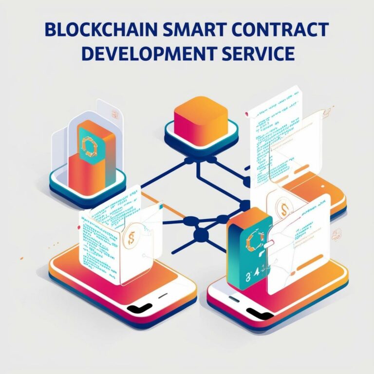 Illustration isométrique du développement de smart contracts montrant des téléphones connectés échangeant des contrats intelligents via la blockchain