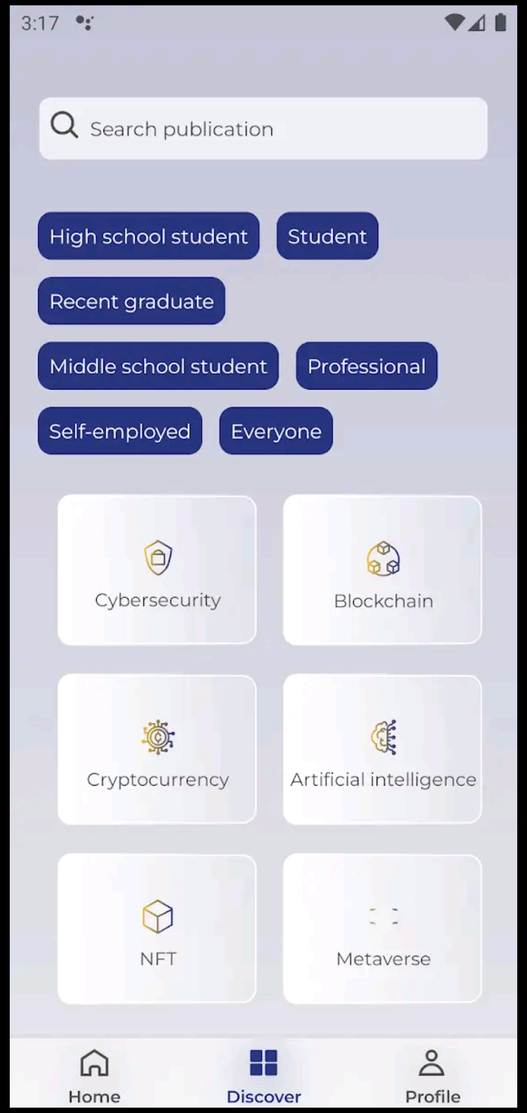 Interface de recherche de l'application GIM-Connect avec catégories technologiques