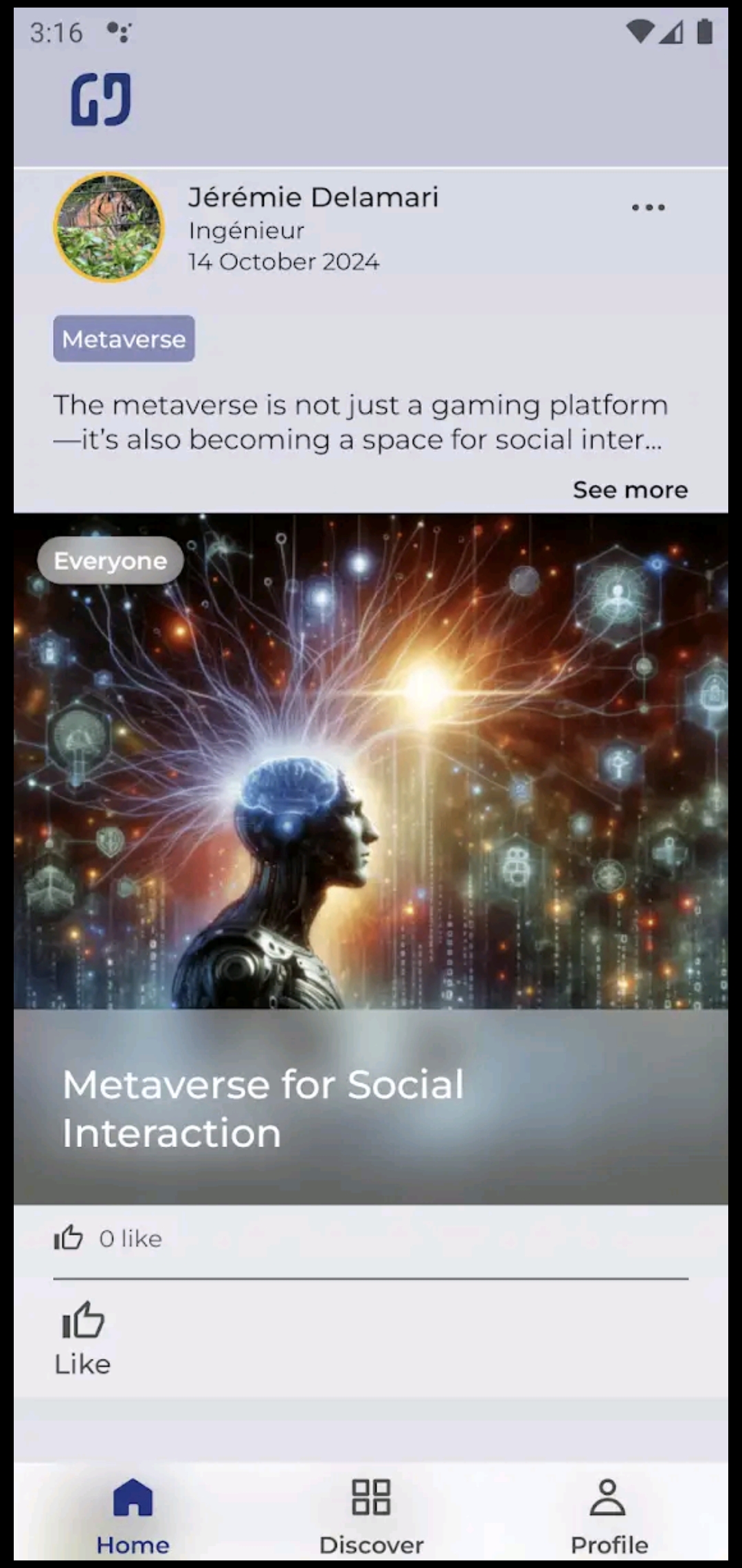 Page d'accueil de l'application GIM-Connect avec focus sur le metaverse