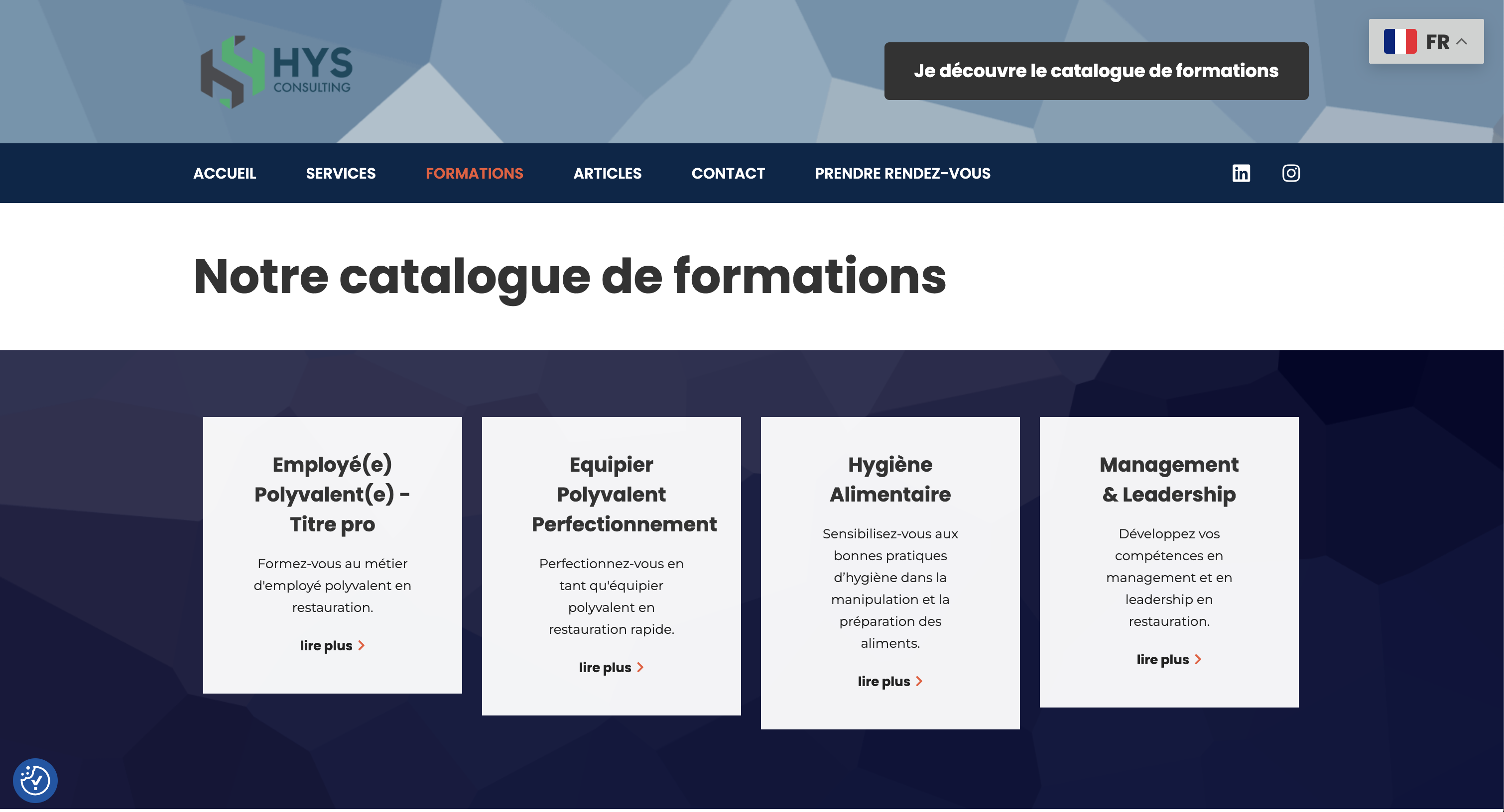 Catalogue des formations HYS Consulting : Employé polyvalent, Equipier polyvalent, Hygiène alimentaire et Management & Leadership en restauration