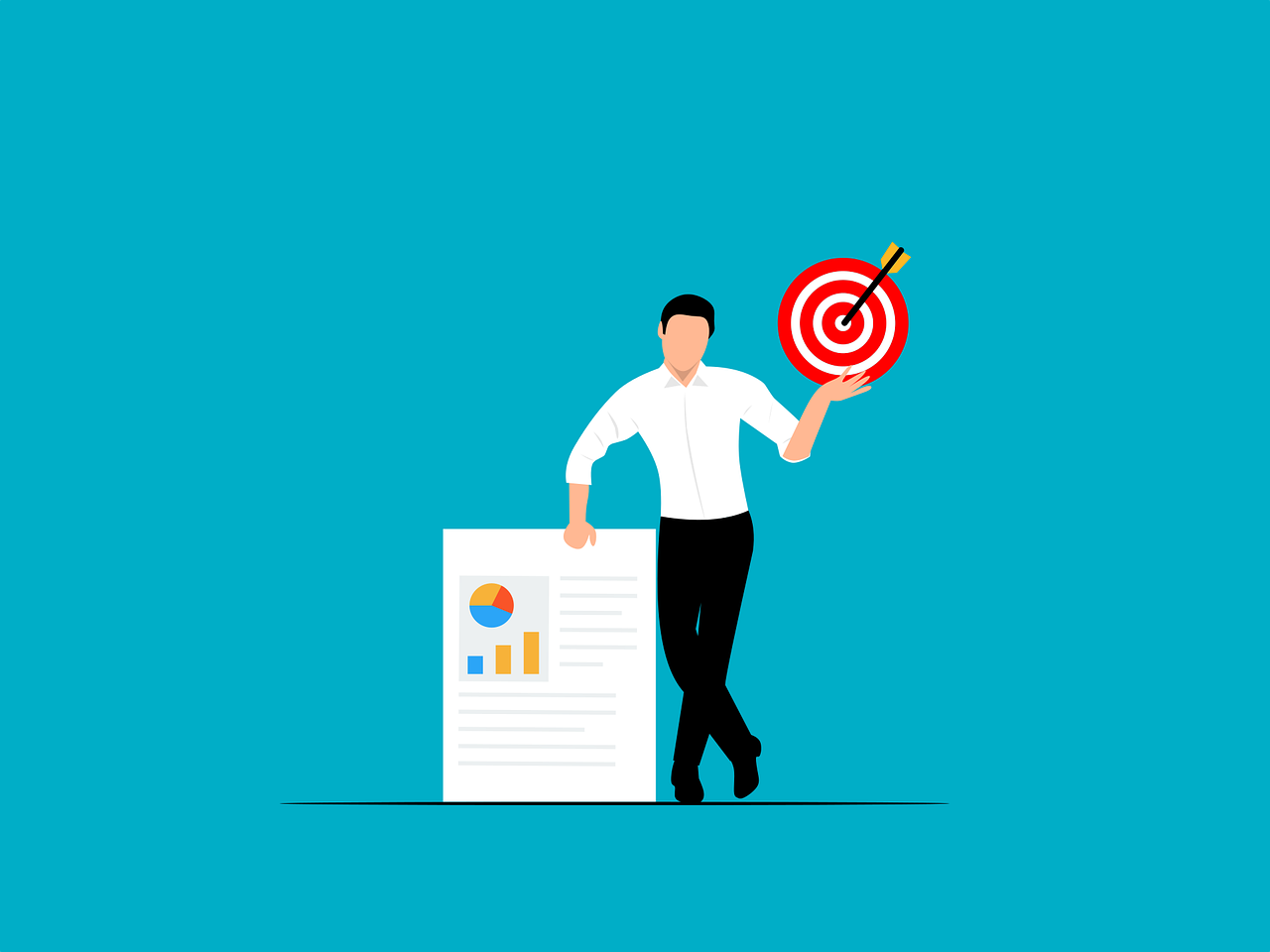 Illustration d'un professionnel présentant un rapport avec des graphiques de performance et tenant une cible avec une flèche au centre, sur fond turquoise