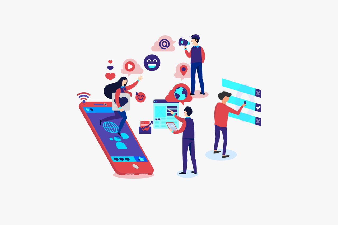 Illustration moderne représentant une équipe digitale au travail : développement d'applications mobiles, gestion des réseaux sociaux et analyse de données avec des icônes interactives flottantes